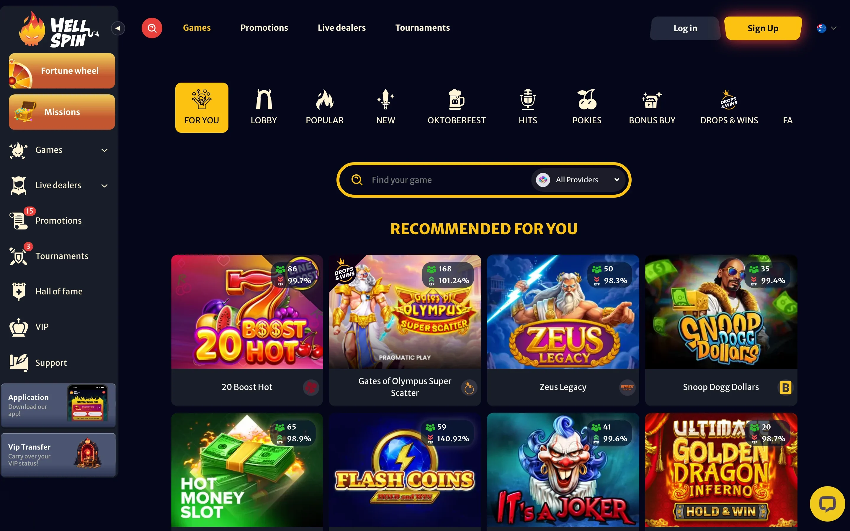 HellSpin pokies lobby with game tiles showing live RTP and player counts