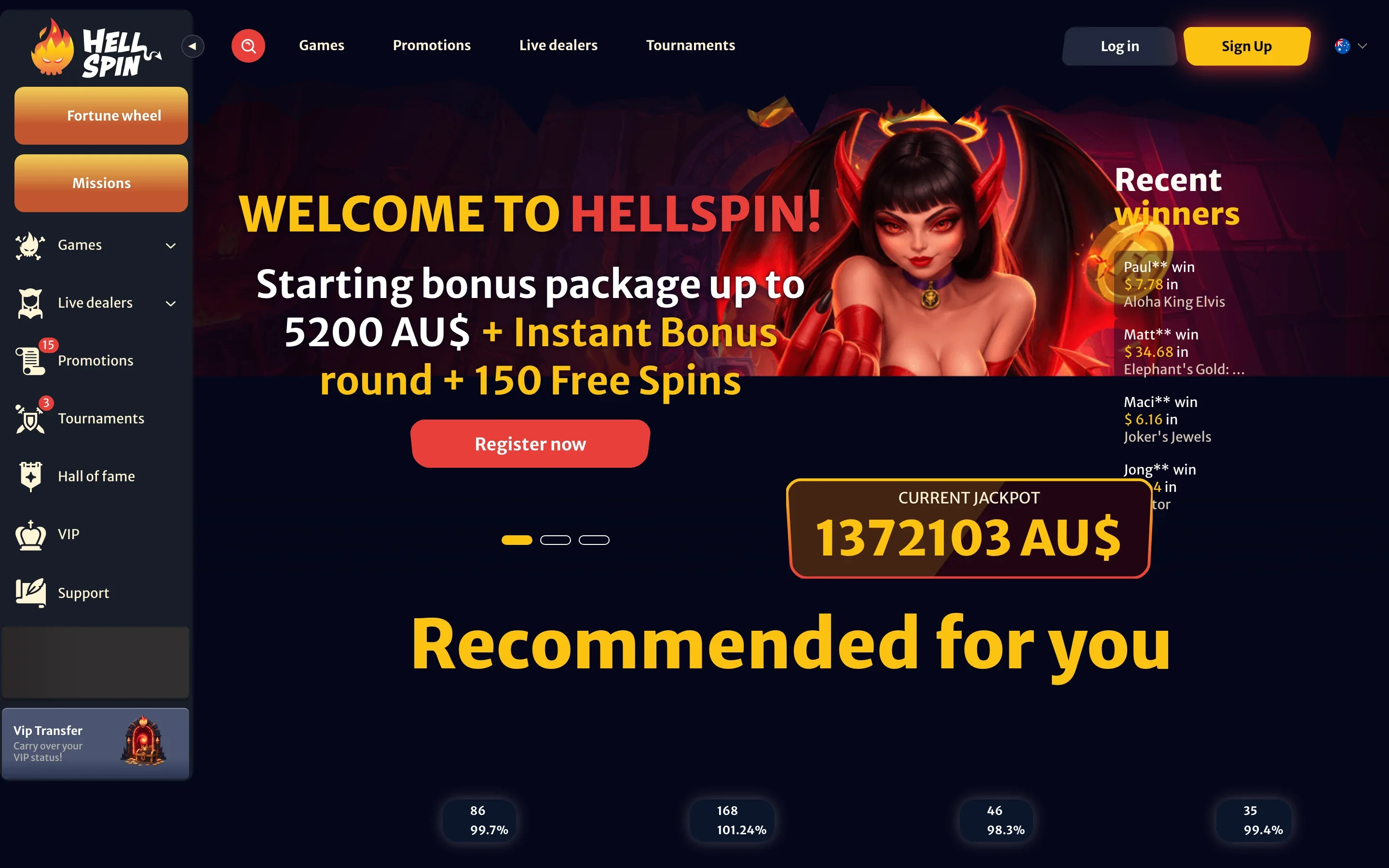 HellSpin Australia home page with the Log in and Sign Up buttons and the welcome package banner