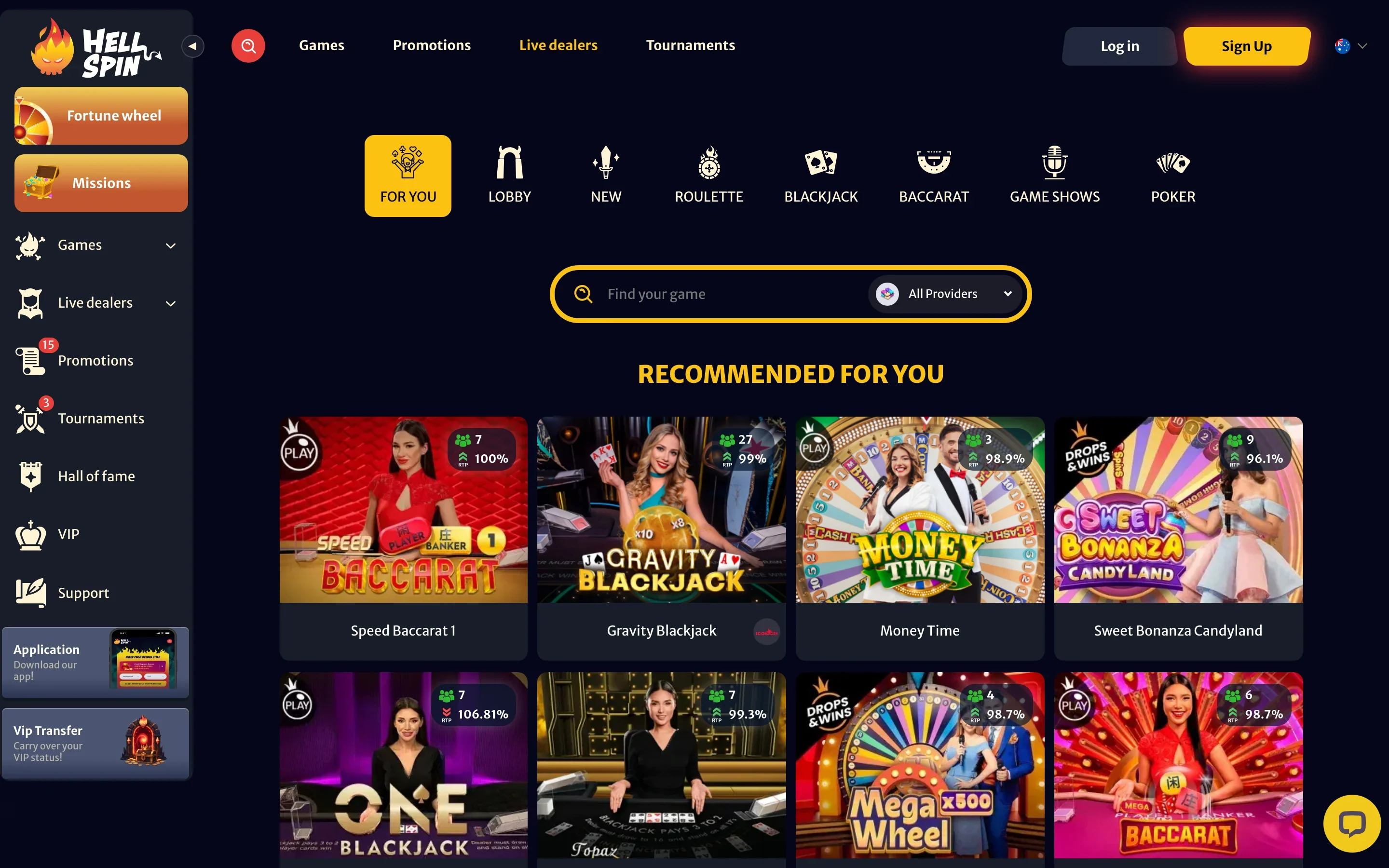 HellSpin live casino lobby with blackjack, roulette, baccarat and game shows