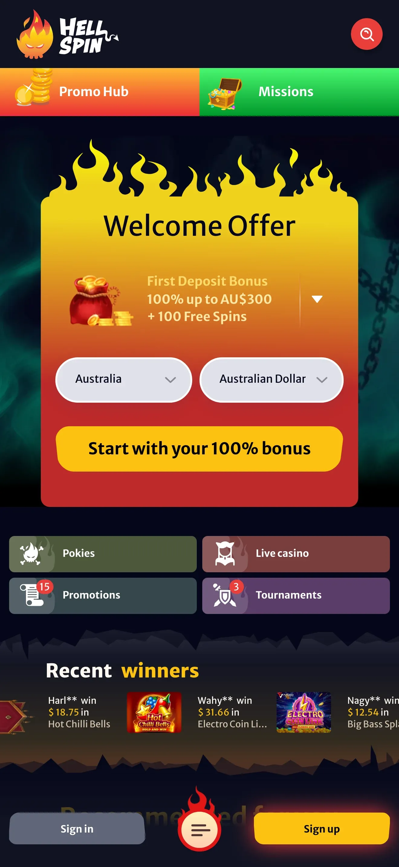 HellSpin app home screen with the welcome offer
