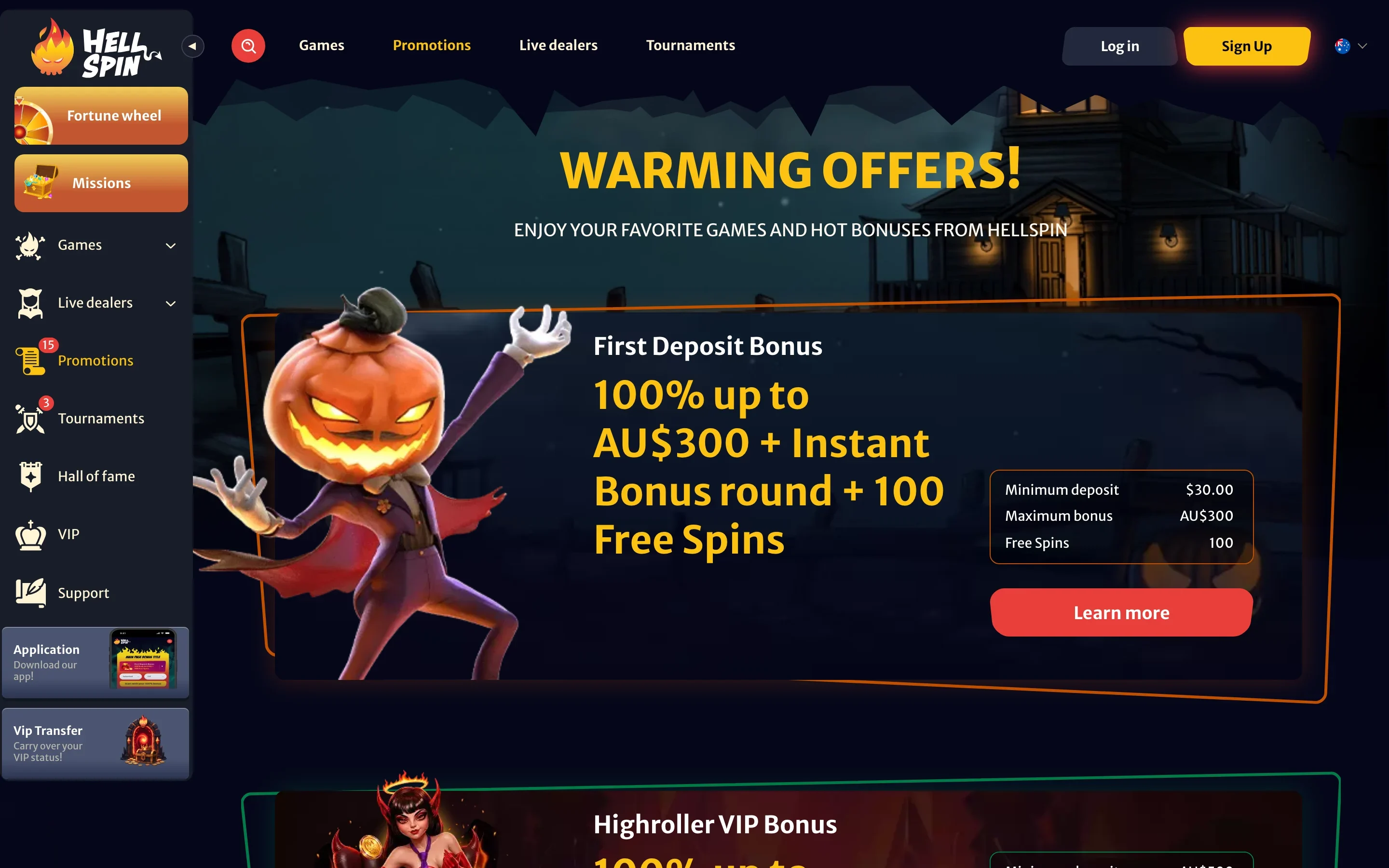 HellSpin promotions page with the first deposit bonus of 100% up to AU$300 and 100 free spins