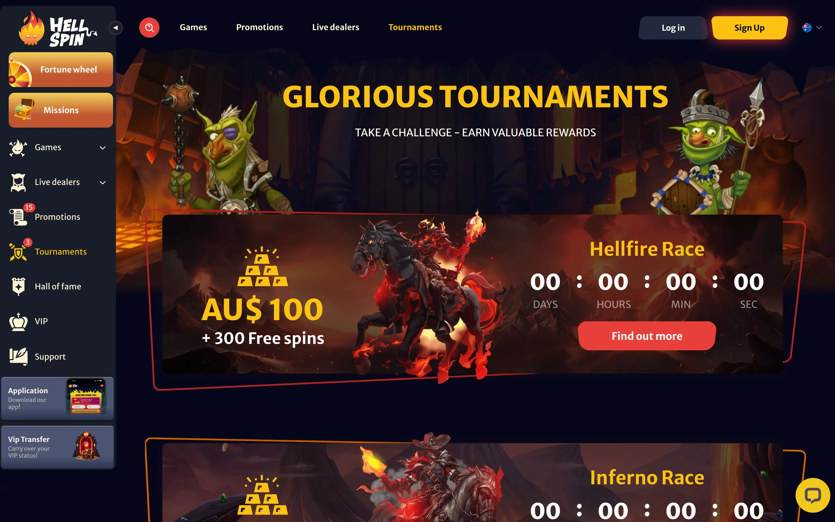 HellSpin tournaments page with the Hellfire Race and Inferno Race