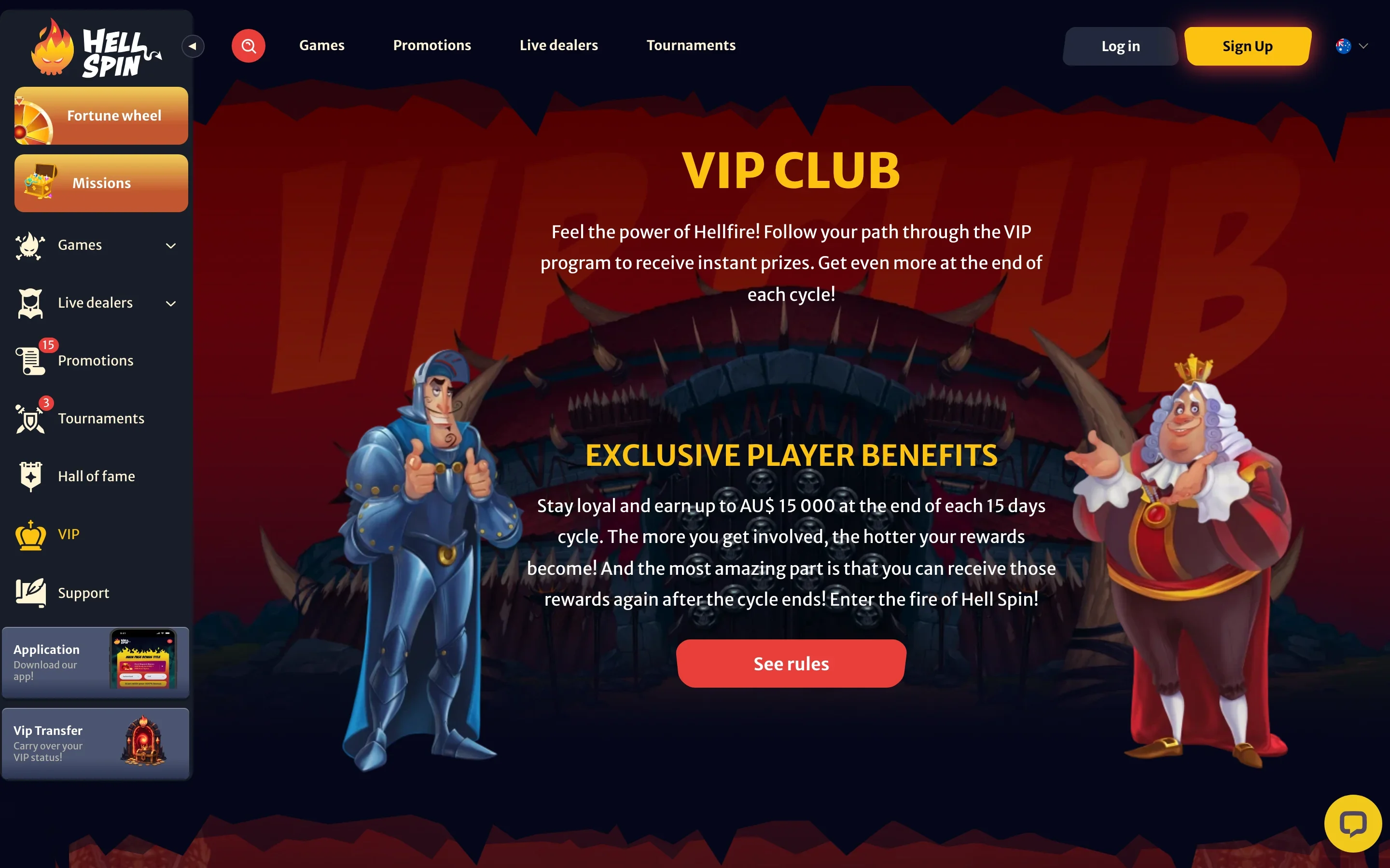 HellSpin VIP Club page with exclusive player benefits